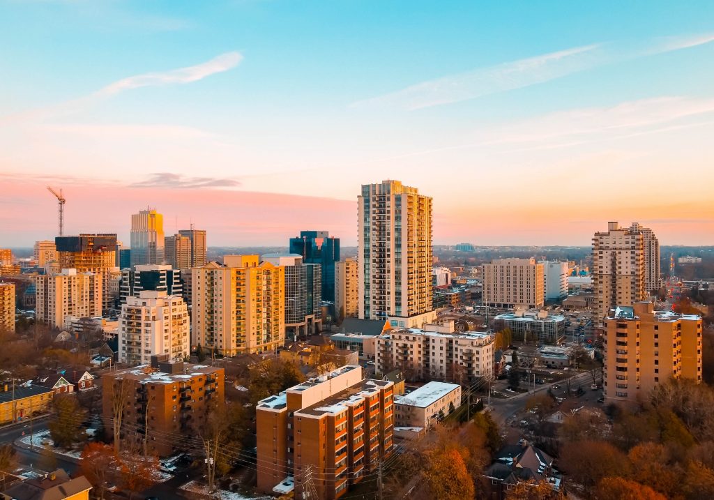 Outlook of city skyline at sunset