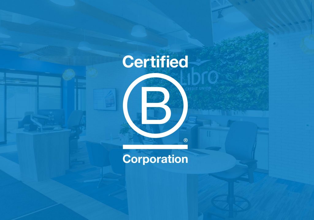 Certified B Corporation Logo over Woodstock branch photo