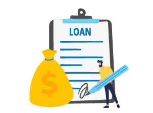 Illustration of small man signing a loan document with a giant pen