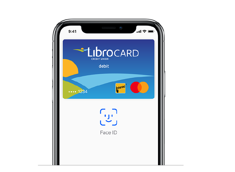 A smartphone screen displays a Libro Credit Union debit card in a digital wallet, with Face ID authentication prompt visible below the card image.