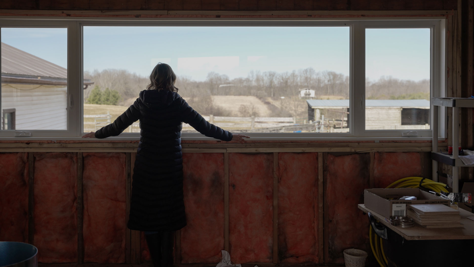 A person in a long coat stands indoors, facing a large window and looking out at a rural landscape with trees and outbuildings.