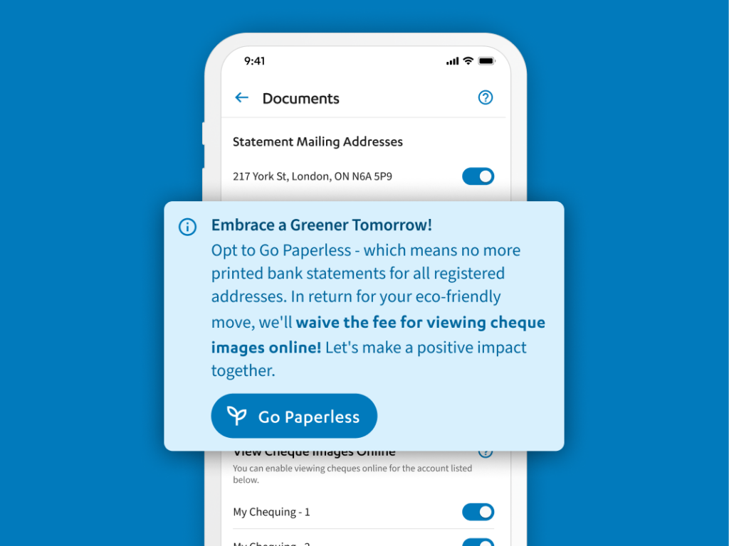 Go paperless pop up on Libro's mobile banking app