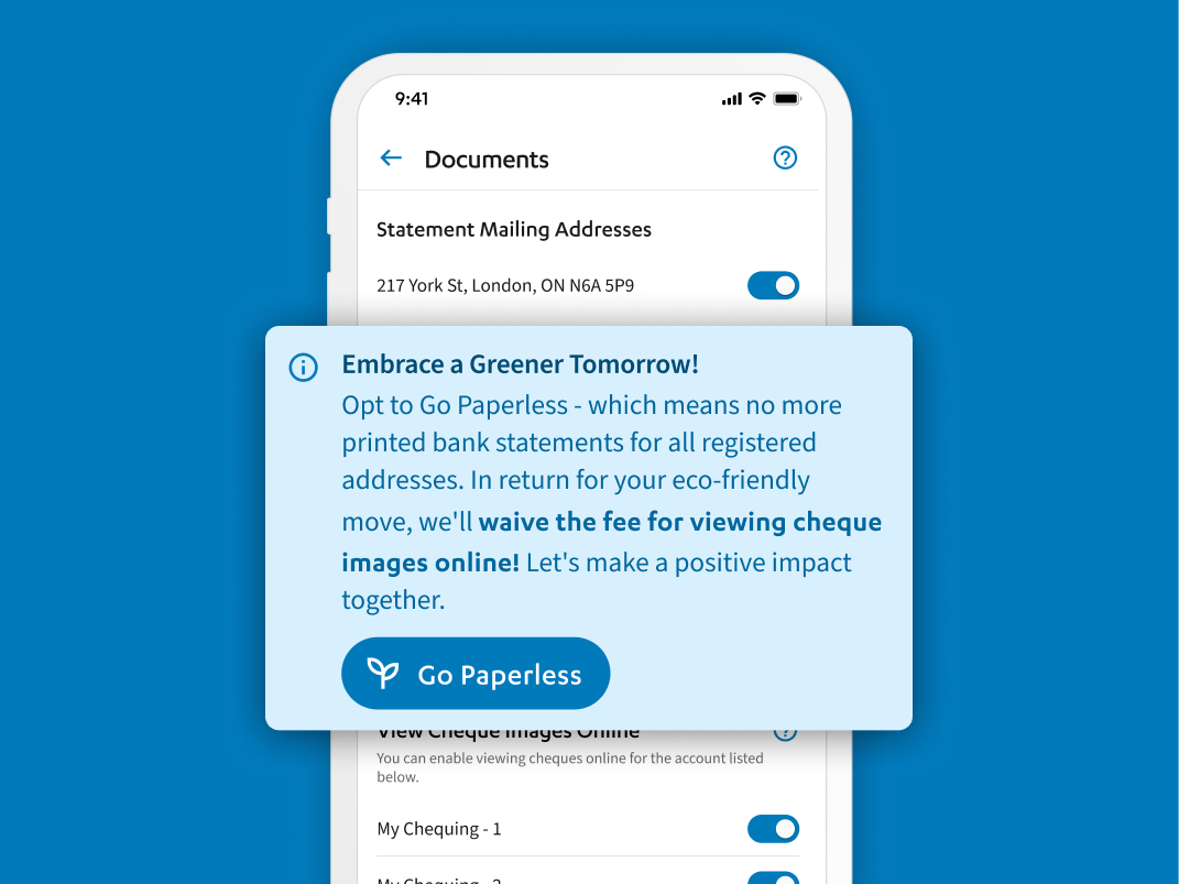 Go paperless pop up on Libro's mobile banking app