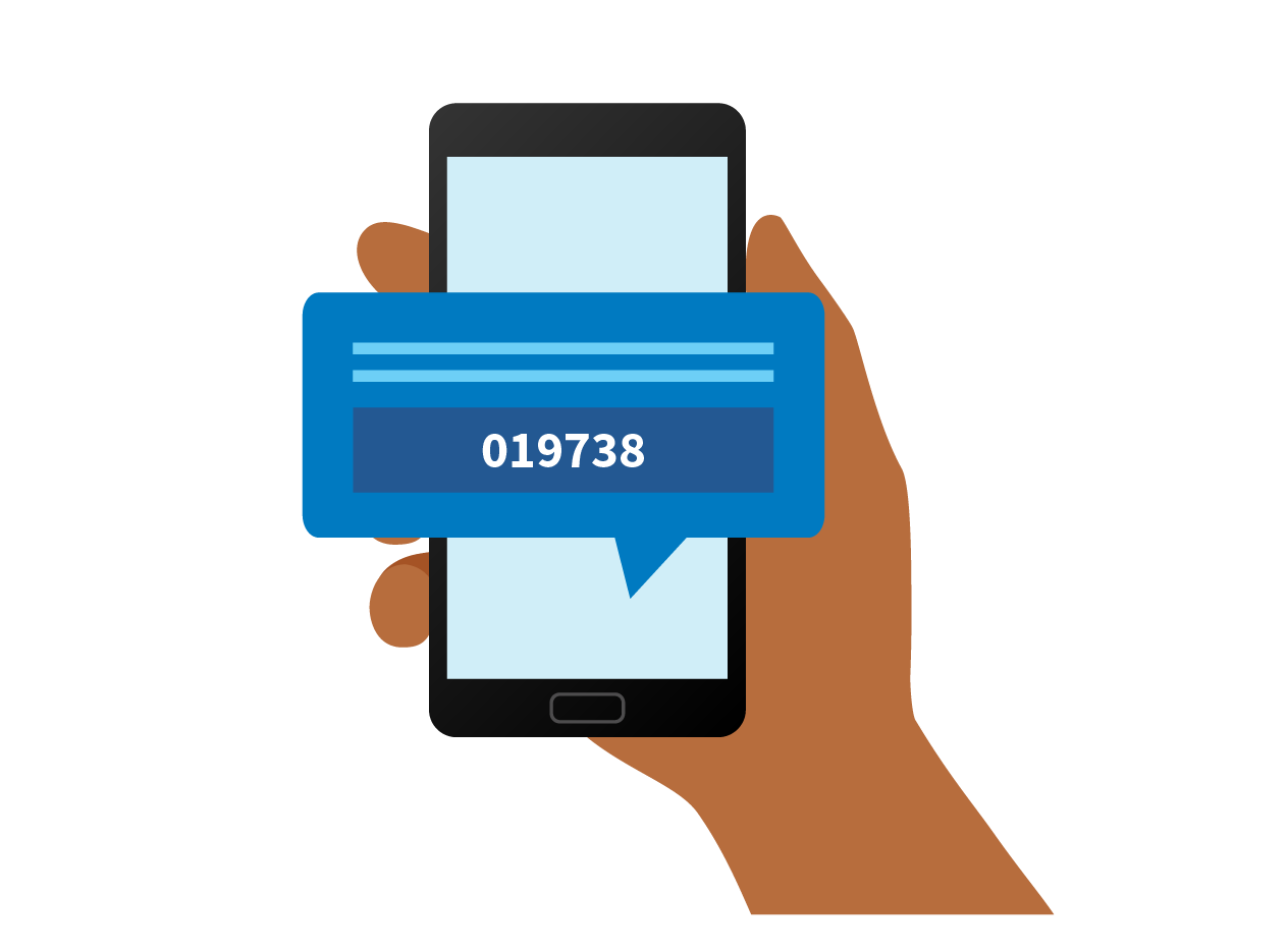 Hand holding phone with text saying 019738