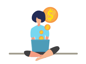 Dollar signs coming out of laptop while person browses