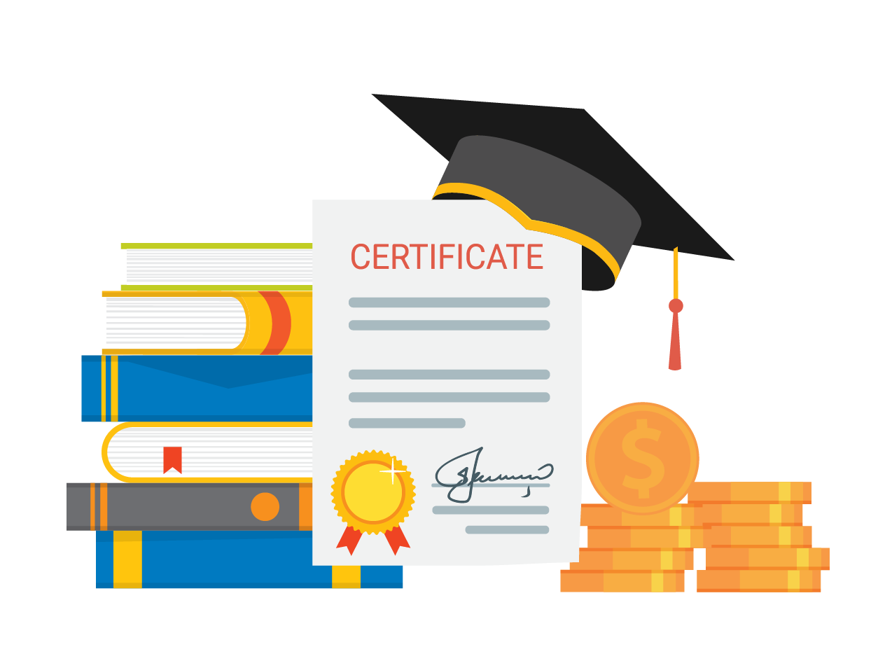 Stack of books, a certificate with a graduation cap and a stack of coins