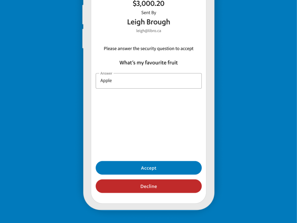 Deposit e-transfer on Libro's mobile banking app