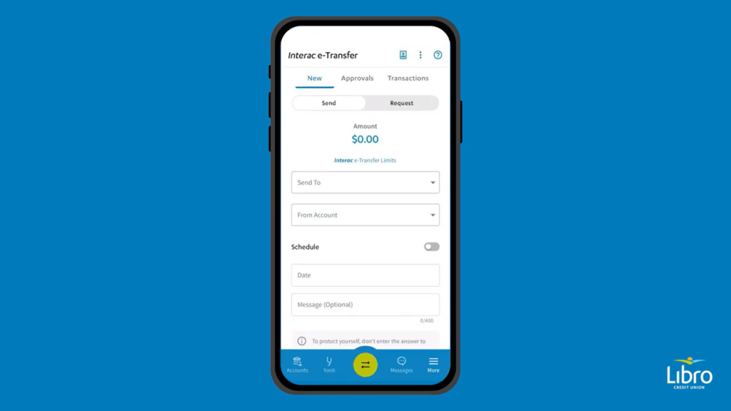 Send e-transfer on Libro's mobile app