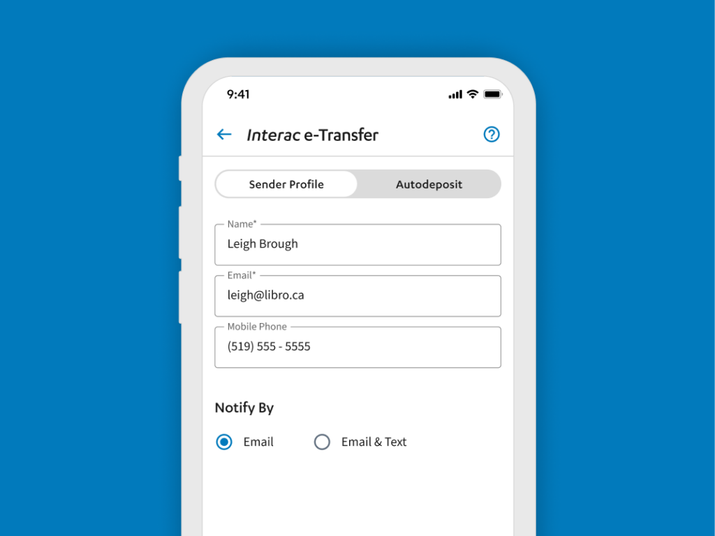 Sender profile on a mobile device on Libro's mobile baking app