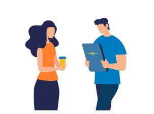 Illustration of a woman holding a coffee cup and a man holding a clipboard, standing and facing each other.