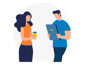 Illustration of a woman holding a coffee cup and a man holding a clipboard, standing and facing each other.