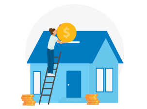 Person standing on a ladder places a large coin into a slot on the roof of a blue house, with stacks of coins around the house.