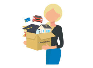 Illustration of a girl holding a box with tiny car, house and graduation cap