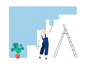Illustration of a person painting with a ladder and small plant