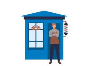 Illustration of a barber standing with arms crossed in front of a blue barbershop with an "open" sign and a barber pole.