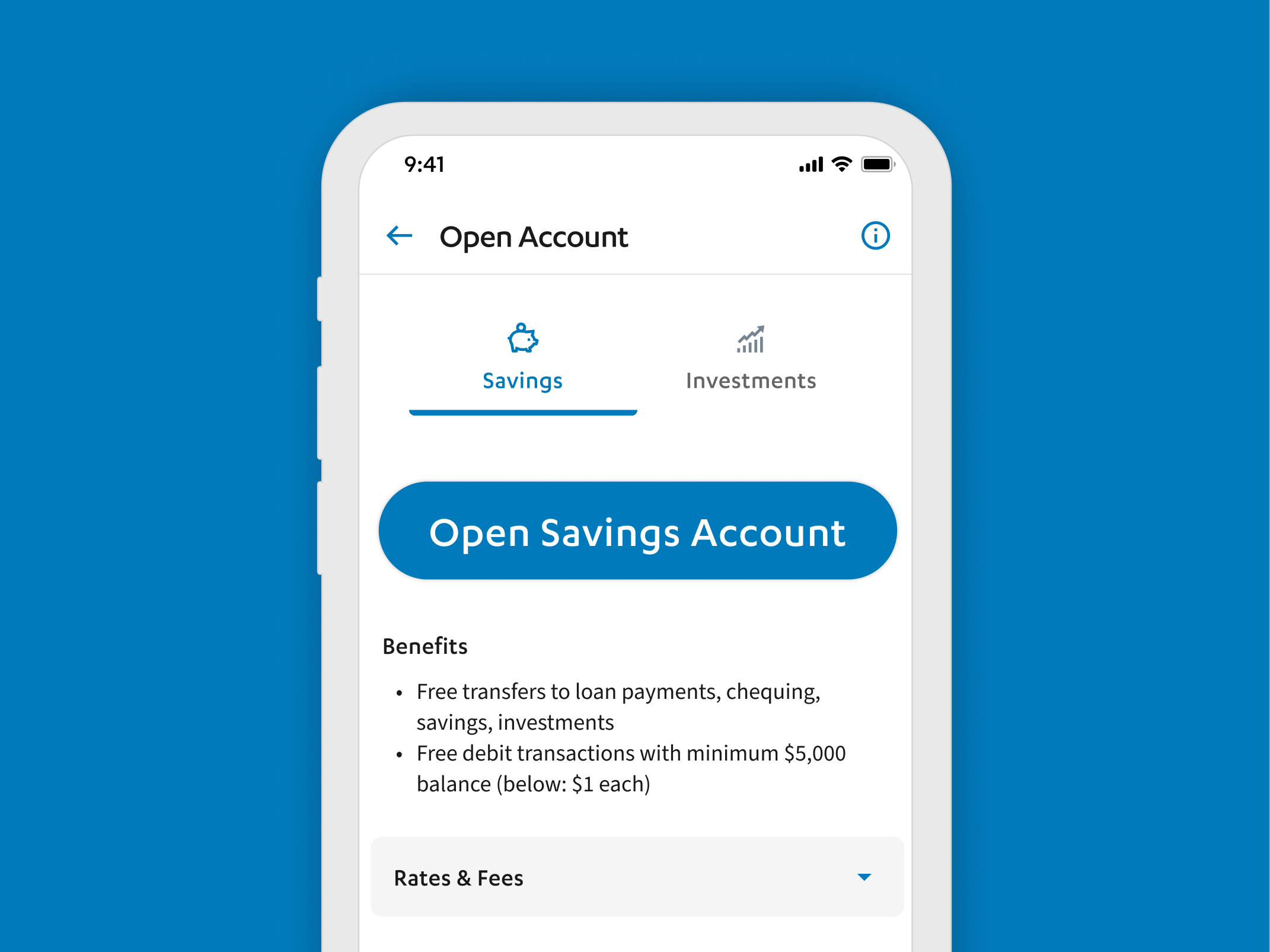 Open a Savings Account screen on Libro's mobile banking app