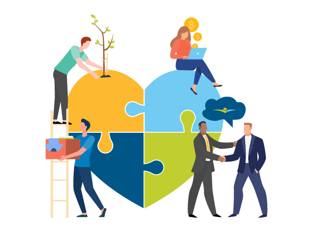 Graphic of a puzzle in the shape of a heart with community members