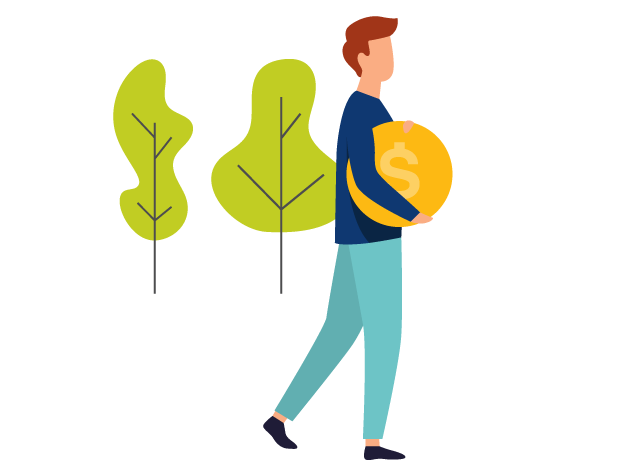 Illustration of man walking by trees carrying a large coin