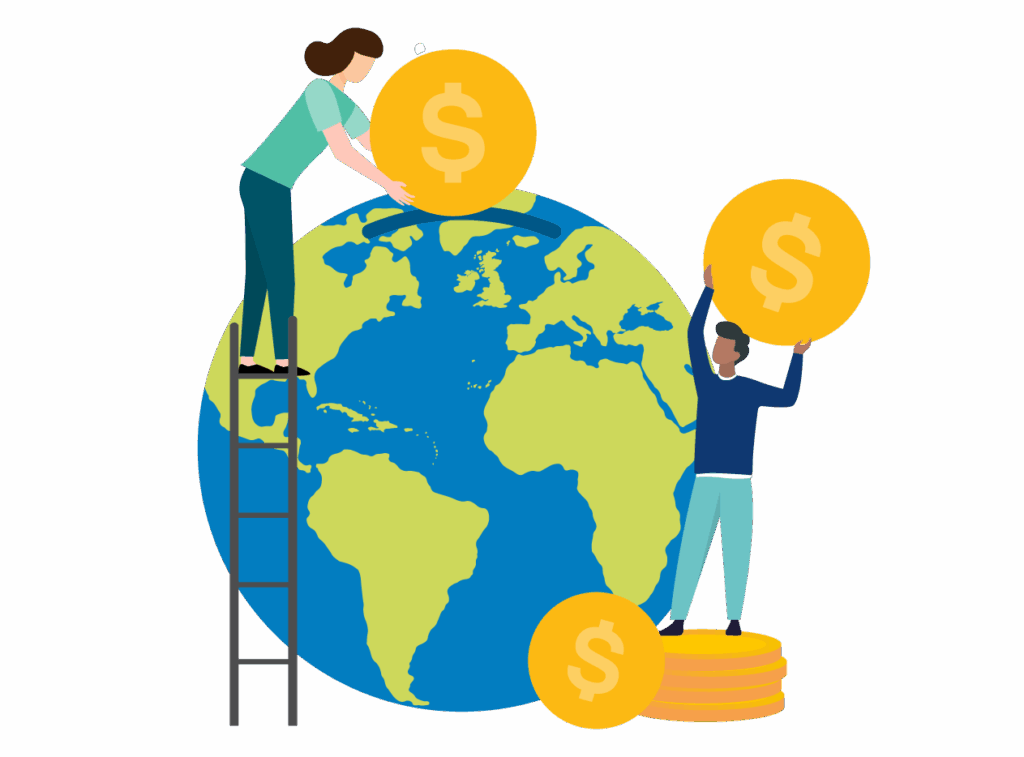Illustration of people putting coins into a large globe