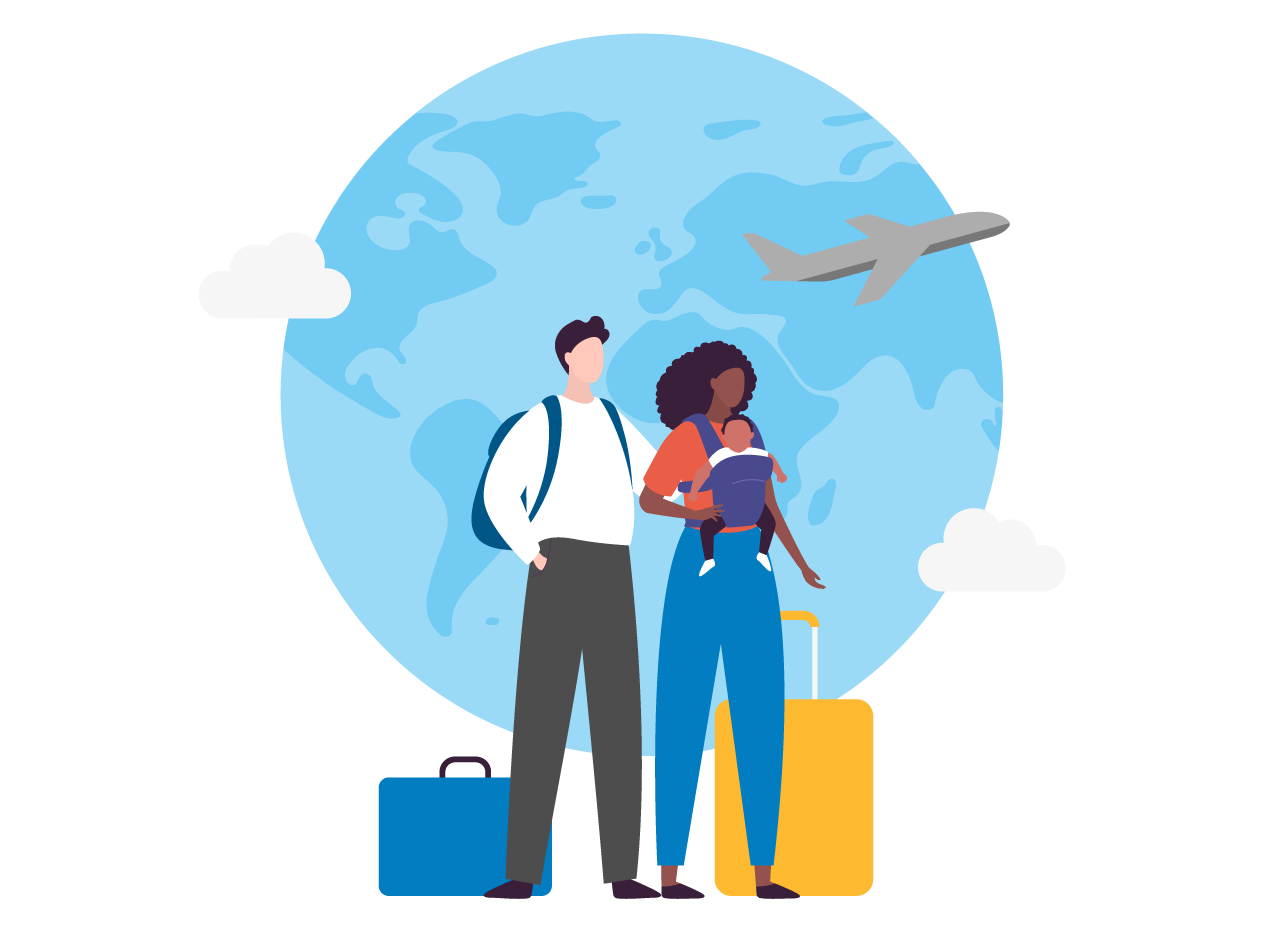 Illustration of family with suitcases, large globe and plane in the background