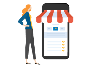 An illustration of a woman standing and looking at a large phone conducting business online services