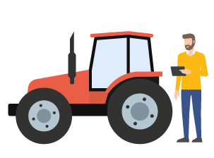 An illustration of a man standing next to a tractor