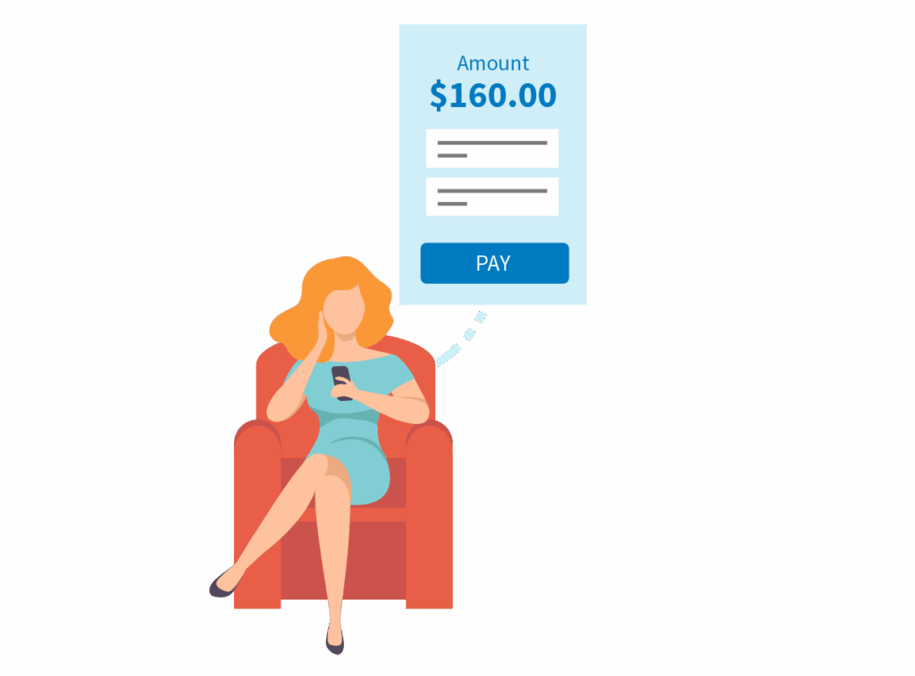 Illustration of a woman sitting in a chair on her phone and making a payment in Libro online banking