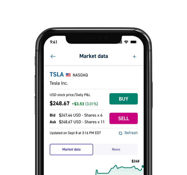 An iphone with the Qtrade Direct Investing app open, showing example market data for Tesla Inc.