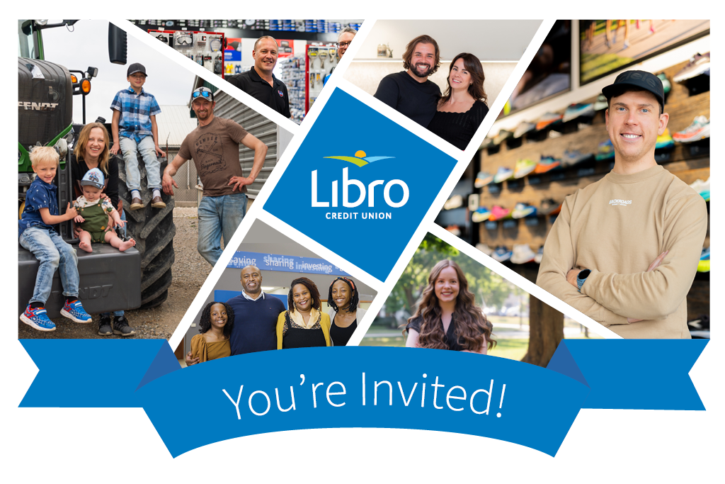 A collage of Libro Member images with the Libro logo in the centre and a banner that says "You're Invited!" along the bottom.