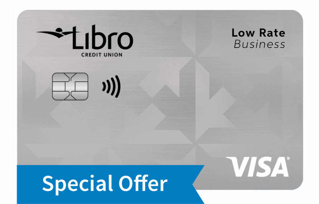 Libro Credit Union Low Rate Business Visa card with chip and contactless symbol. A blue 