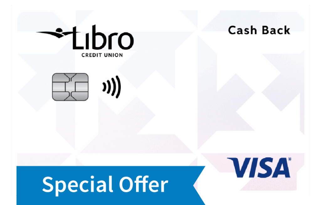 Libro Credit Union Visa credit card with chip and contactless symbol, labeled 