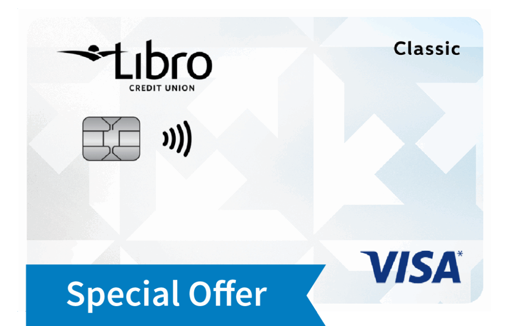 A Libro Credit Union Classic Visa credit card with a chip and contactless symbol, labeled 