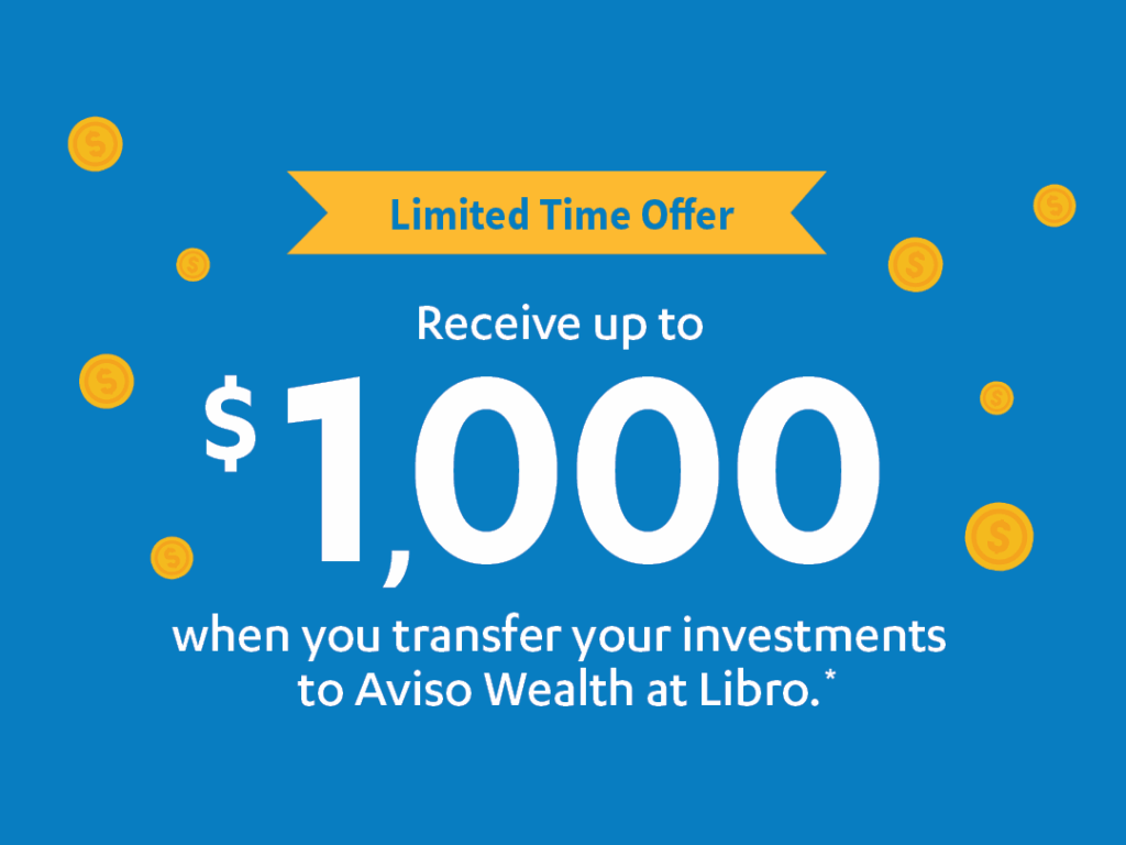 Blue promotional graphic offering up to $1,000 for transferring investments to Aviso Wealth at Libro, with scattered coin icons and a 